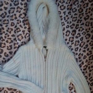 Forever 21 Cream Ribbed Zip-Up Hoodie with Faux Fur Trim